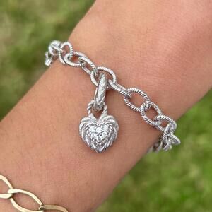 Judith RIpka Heart Charm on Textured Link Bracelet in 925 Sterling Silver